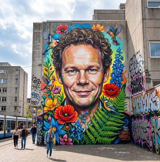 Muurschildering van Michiel Terwindt in Amsterdam, boekhouder voor kunstenaars in Amsterdamse vrijplaatsen en collectieven